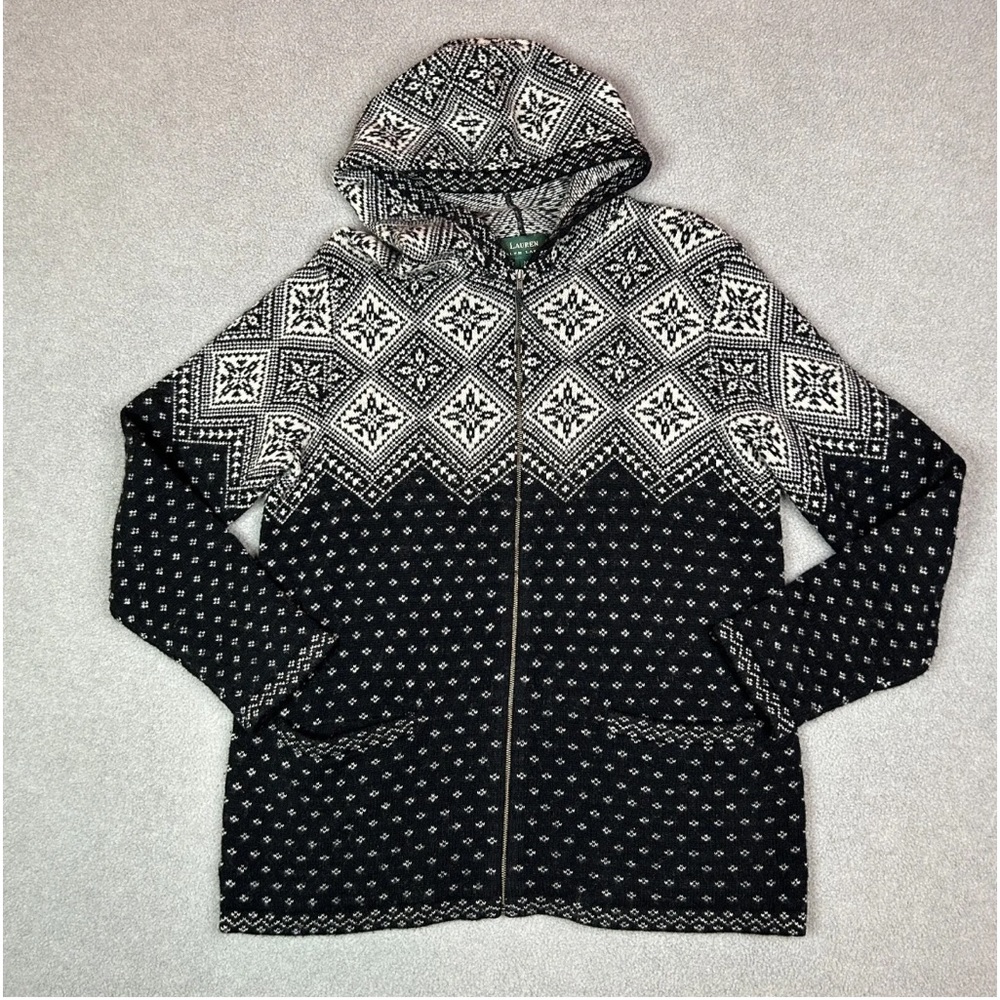 Vintage Ralph Lauren Jacket Womens Lambs Wool Hooded Full Zip Sweater.